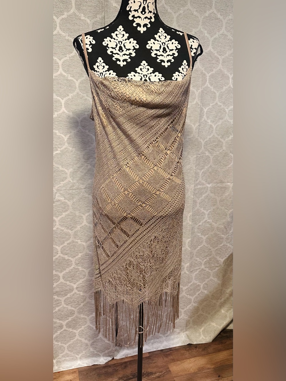 Double Fault VTG 90s Metallic Gold Crochet Fringe Midi dress XL